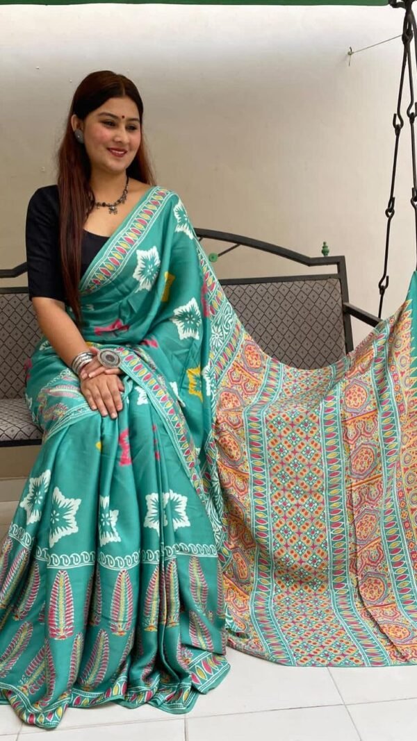 Premium Sea Green Ajrakh Digital Print Muslin Saree with Rich Ajrakh Pallu and Contrast Blouse for Women