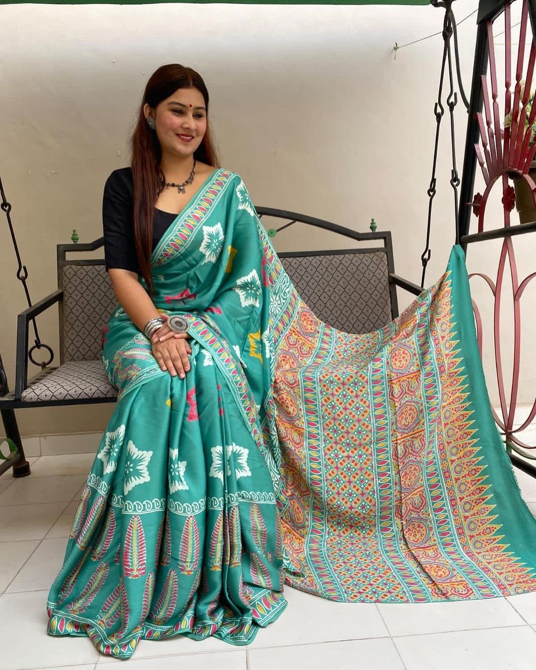 Premium Sea Green Ajrakh Digital Print Muslin Saree with Rich Ajrakh Pallu and Contrast Blouse for Women