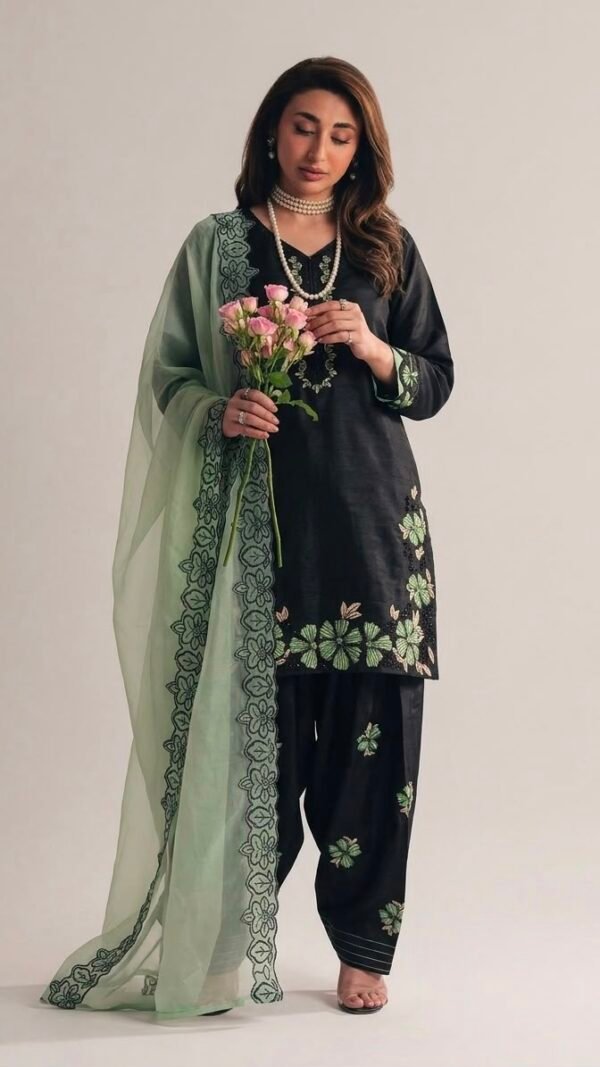 Black Farshi Salwar Suit Set with green floral embroidery, Roman Glass Silk and GMY silk dupatta