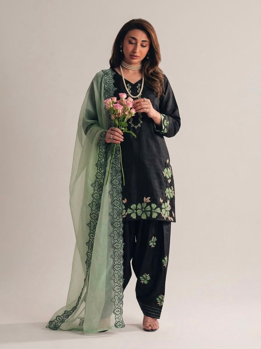 Black Farshi Salwar Suit Set with green floral embroidery, Roman Glass Silk and GMY silk dupatta