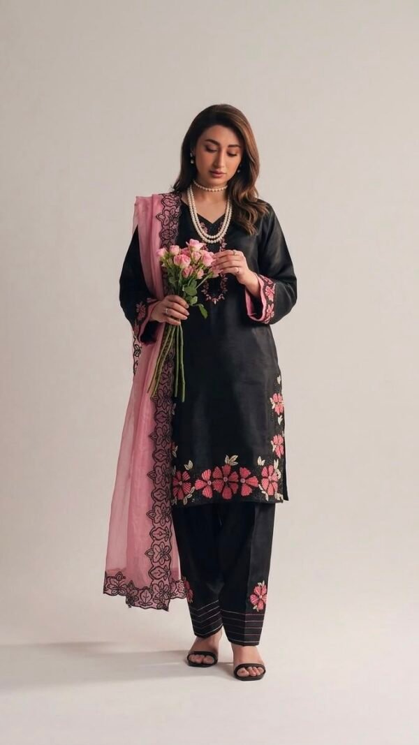 Black Farshi Salwar Suit Set with pink floral embroidery, Roman Glass Silk fabric and GMY silk dupatta