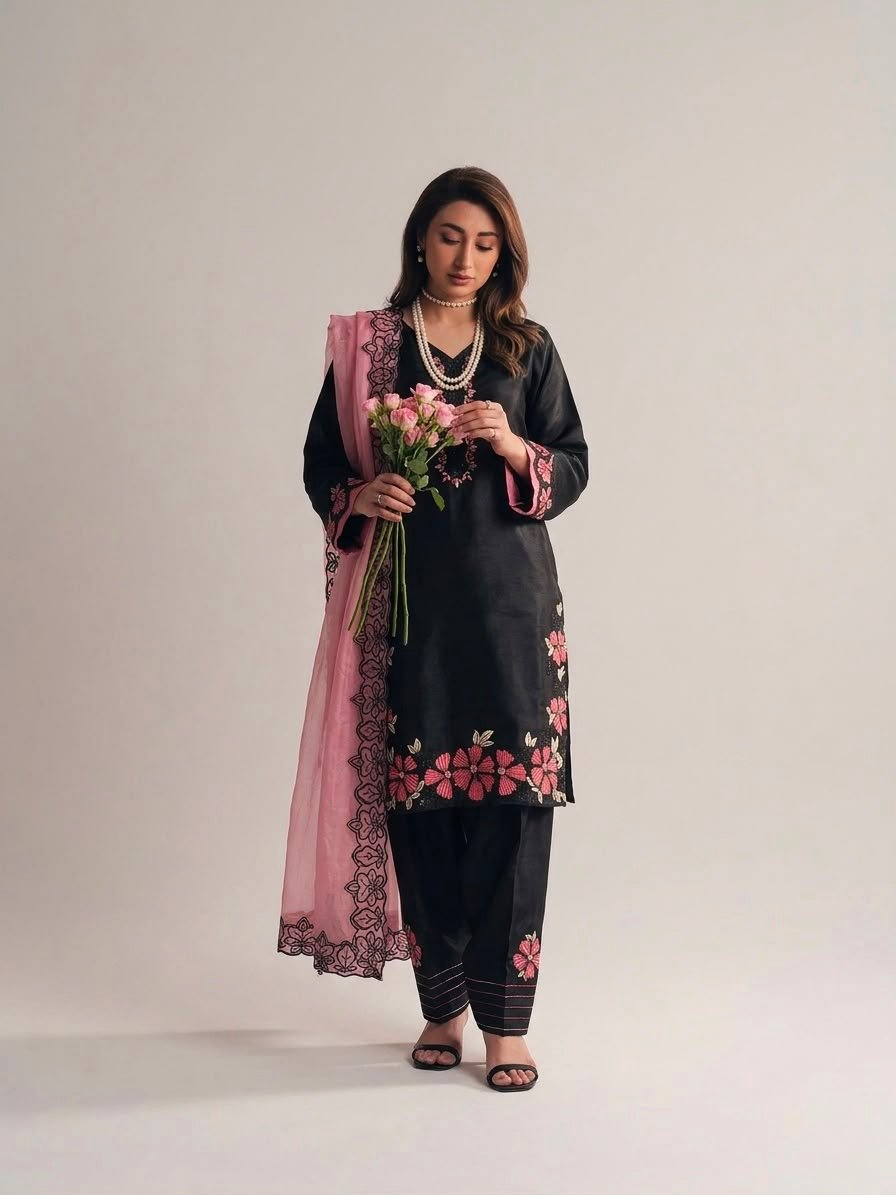 Black Farshi Salwar Suit Set with pink floral embroidery, Roman Glass Silk fabric and GMY silk dupatta