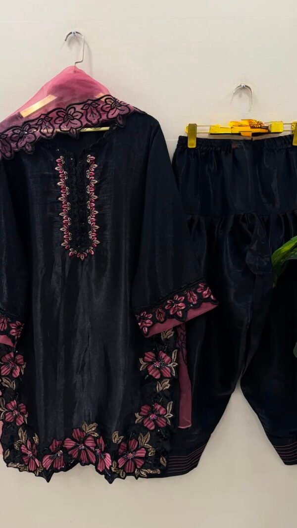 Alternative view of Black Farshi Salwar Suit Set with Floral Embroidery