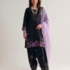 Black Farshi Salwar Suit Set with purple floral embroidery, Roman Glass Silk fabric and GMY silk dupatta