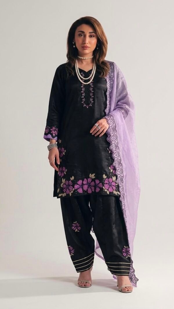 Black Farshi Salwar Suit Set with purple floral embroidery, Roman Glass Silk fabric and GMY silk dupatta
