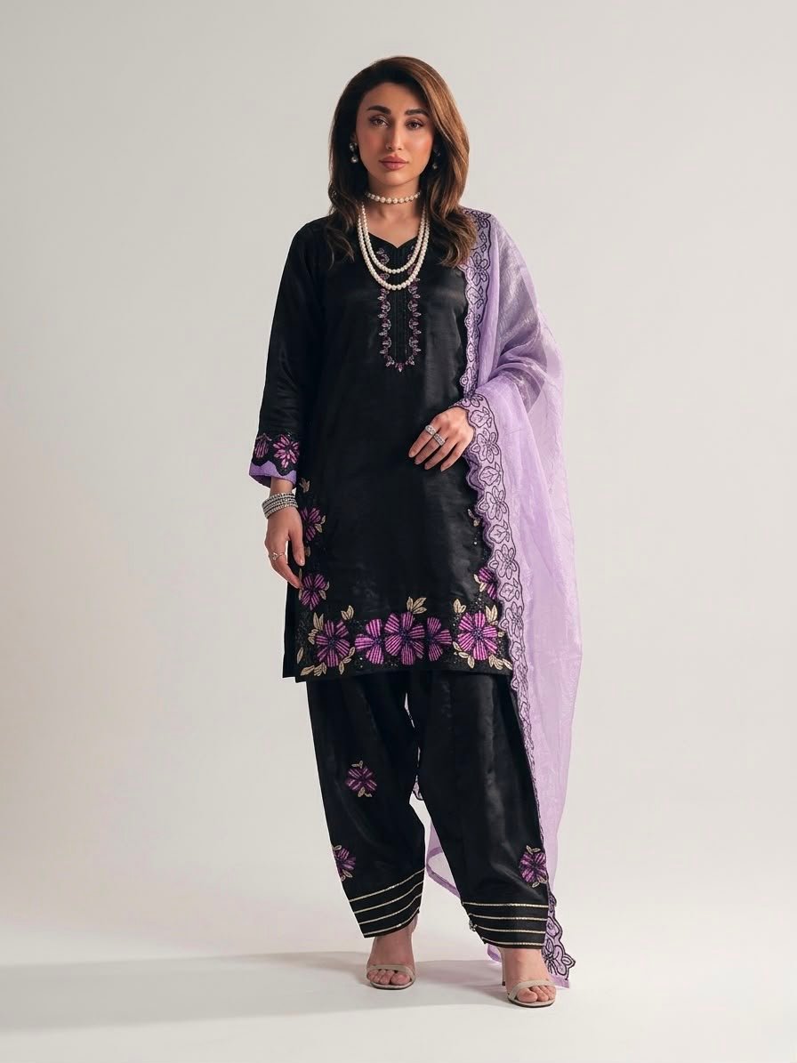 Black Farshi Salwar Suit Set with purple floral embroidery, Roman Glass Silk fabric and GMY silk dupatta