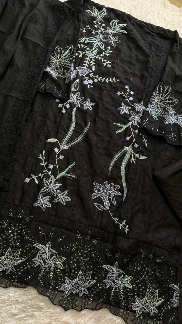 Black Pakistani suit under ₹1500 with pure cambric cotton heavy self embroidery and cotton mal embroidered dupatta