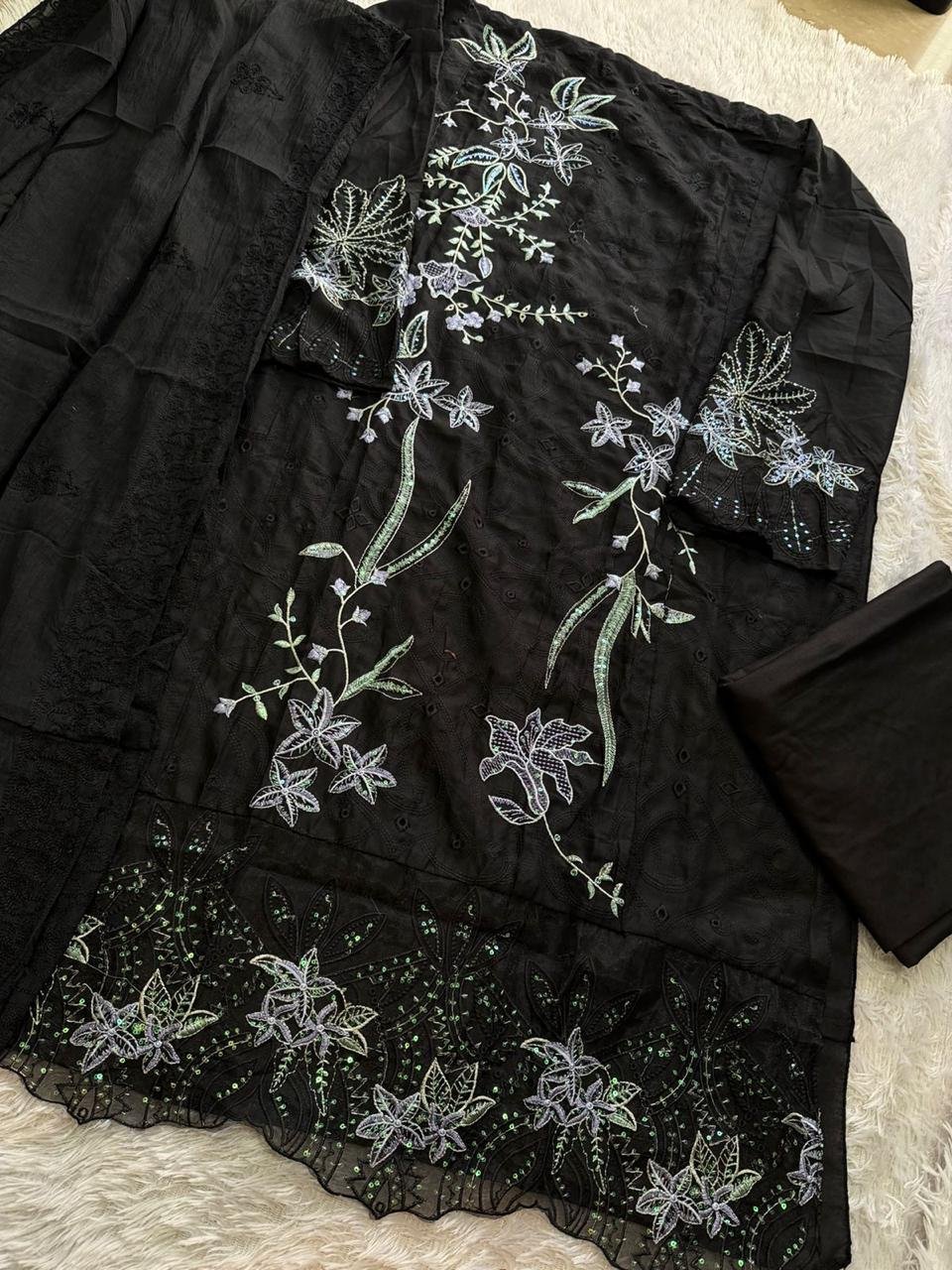 Black Pakistani suit under ₹1500 with pure cambric cotton heavy self embroidery and cotton mal embroidered dupatta