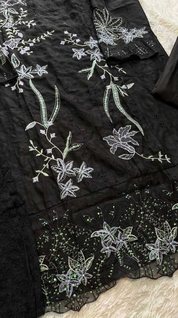 Black Pakistani suit under ₹1500 with pure cambric cotton heavy self embroidery and cotton mal embroidered dupatta