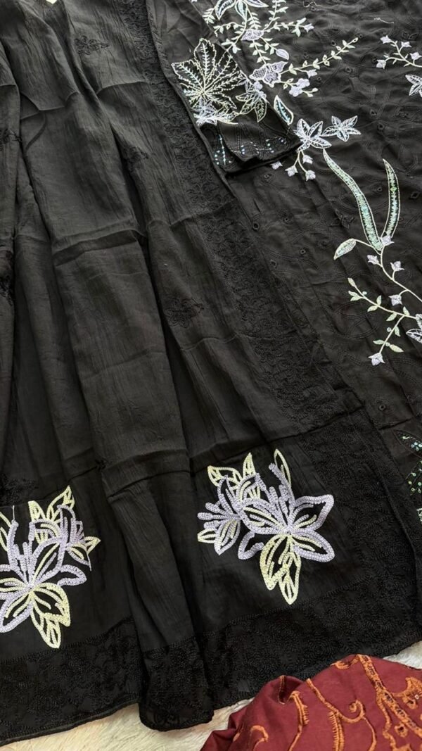 Black Pakistani suit under ₹1500 with pure cambric cotton heavy self embroidery and cotton mal embroidered dupatta