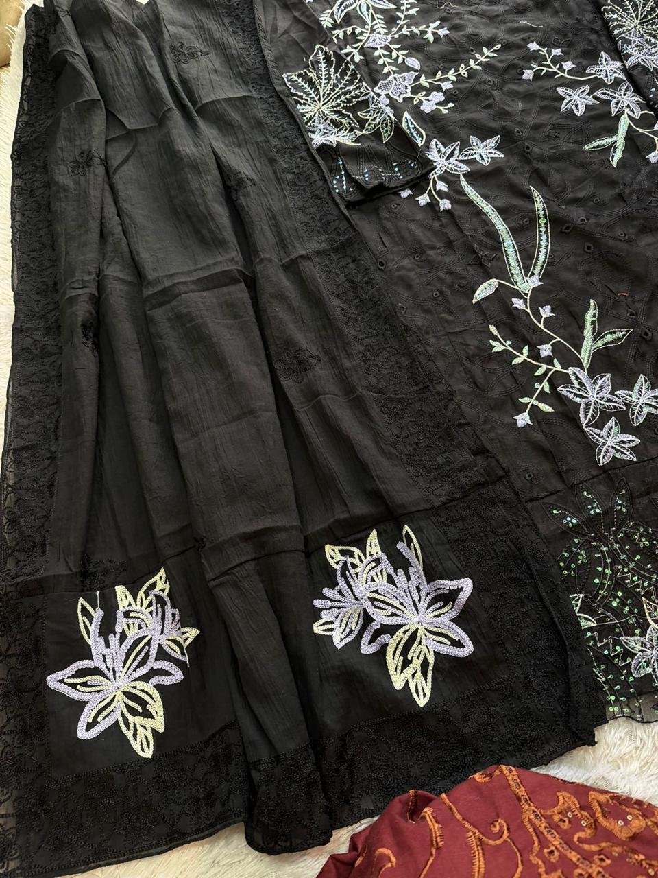 Black Pakistani suit under ₹1500 with pure cambric cotton heavy self embroidery and cotton mal embroidered dupatta
