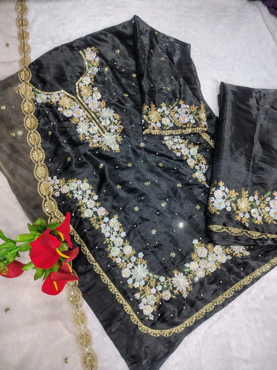 Pakistani Suit black Heavy Jimmy Choo party wear embroidered suit with hand moti and mirror work