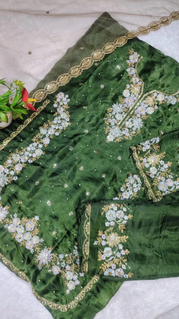 Pakistani Suit heavy Jimmy Choo party wear green embroidered designer suit with hand moti mirror work and net dupatta