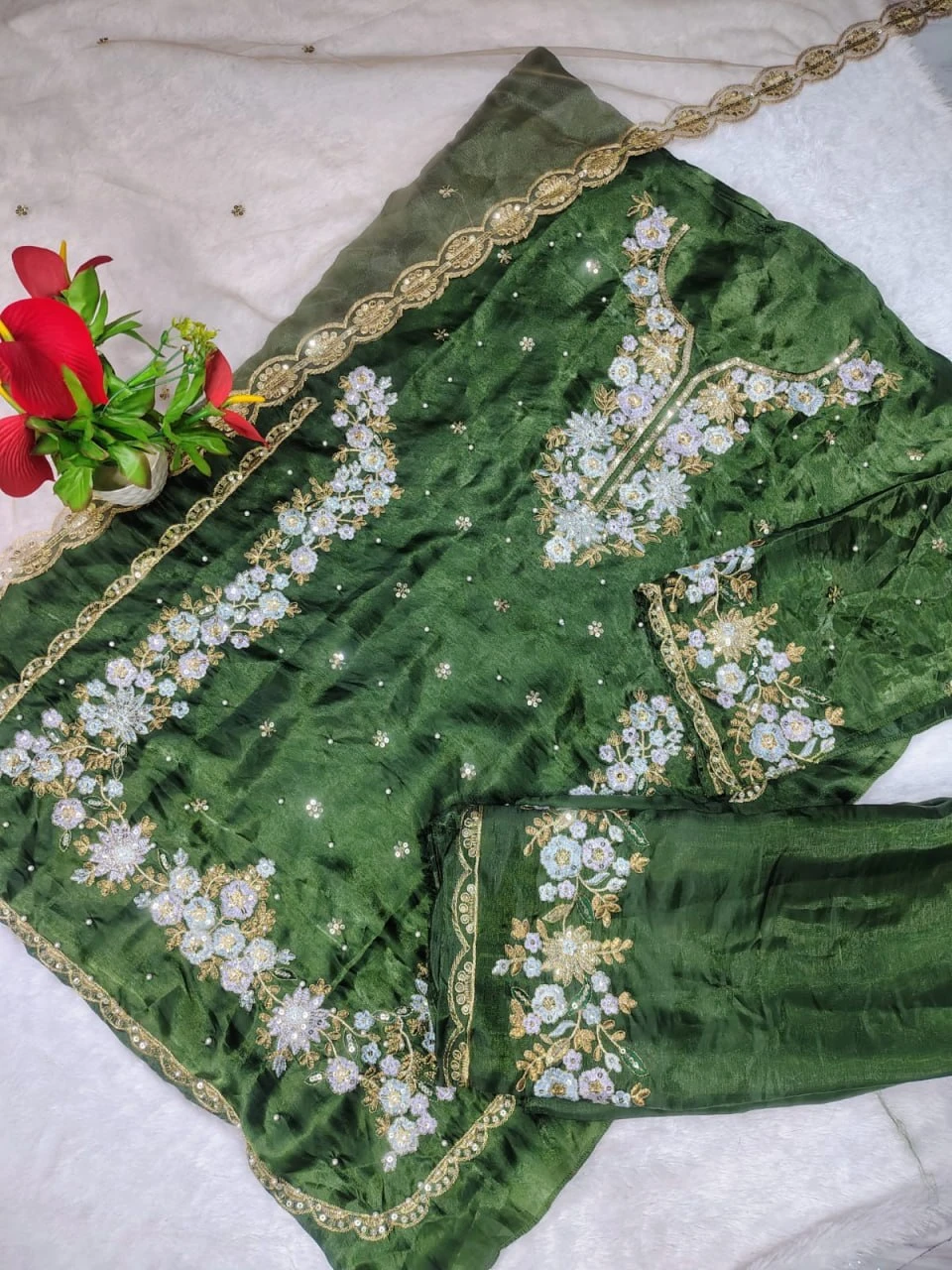 Pakistani Suit heavy Jimmy Choo party wear green embroidered designer suit with hand moti mirror work and net dupatta