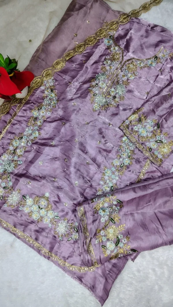 Pakistani Suit heavy Jimmy Choo party wear lavender embroidered designer suit with net dupatta