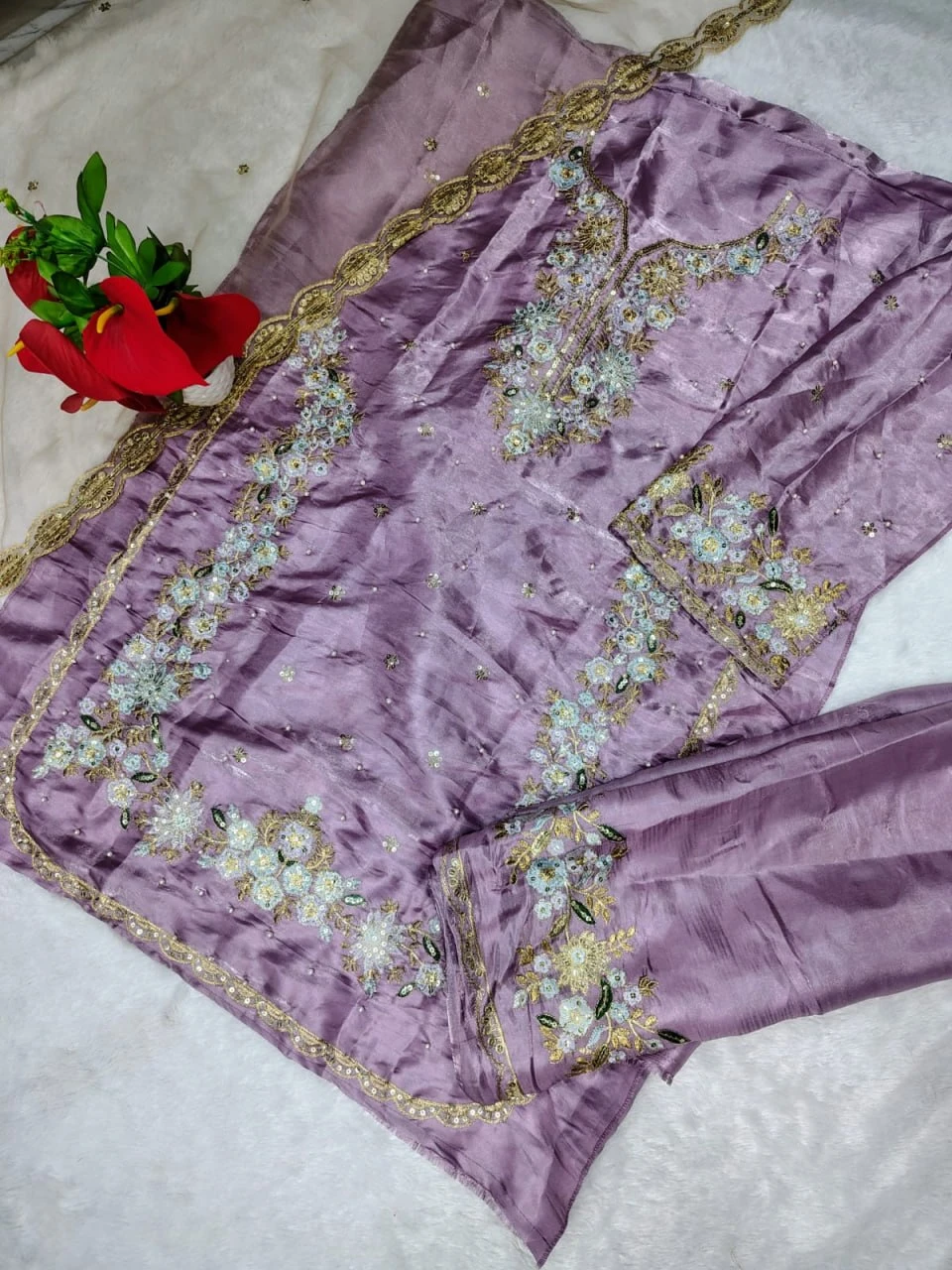 Pakistani Suit heavy Jimmy Choo party wear lavender embroidered designer suit with net dupatta