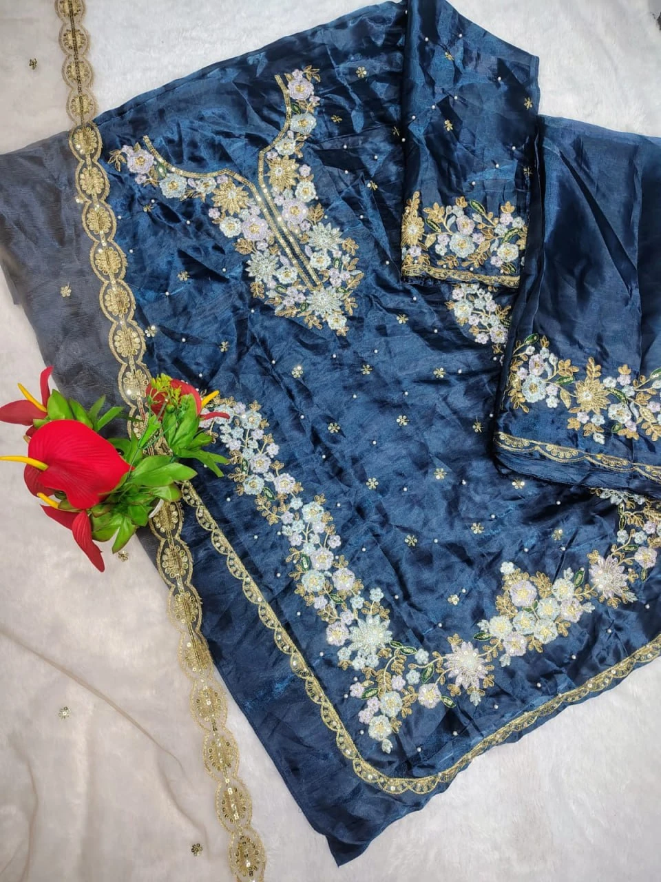 Pakistani Suit navy blue Heavy Jimmy Choo embroidered designer suit with net dupatta