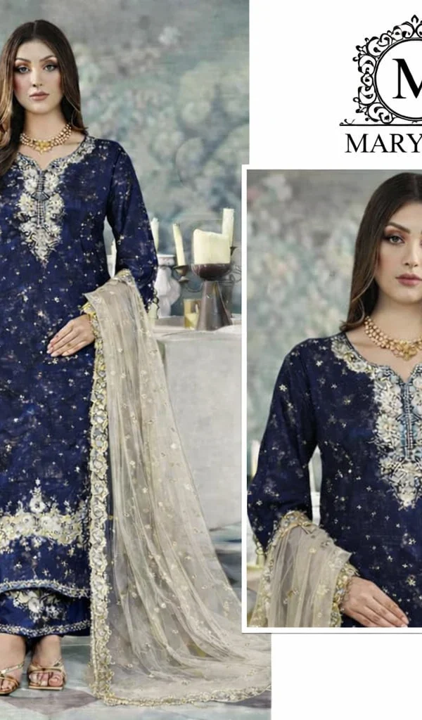 Pakistani Suit navy blue Heavy Jimmy Choo embroidered designer suit with net dupatta