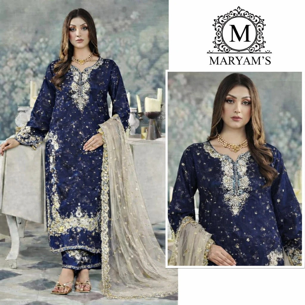 Pakistani Suit navy blue Heavy Jimmy Choo embroidered designer suit with net dupatta