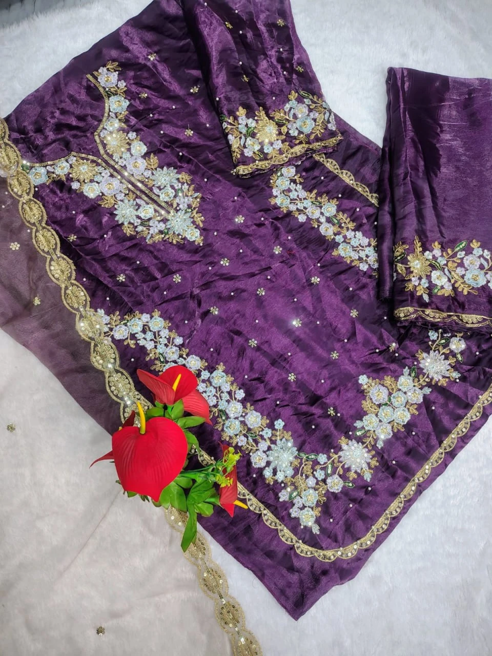 Pakistani Suit heavy Jimmy Choo purple party wear embroidered suit with hand moti work