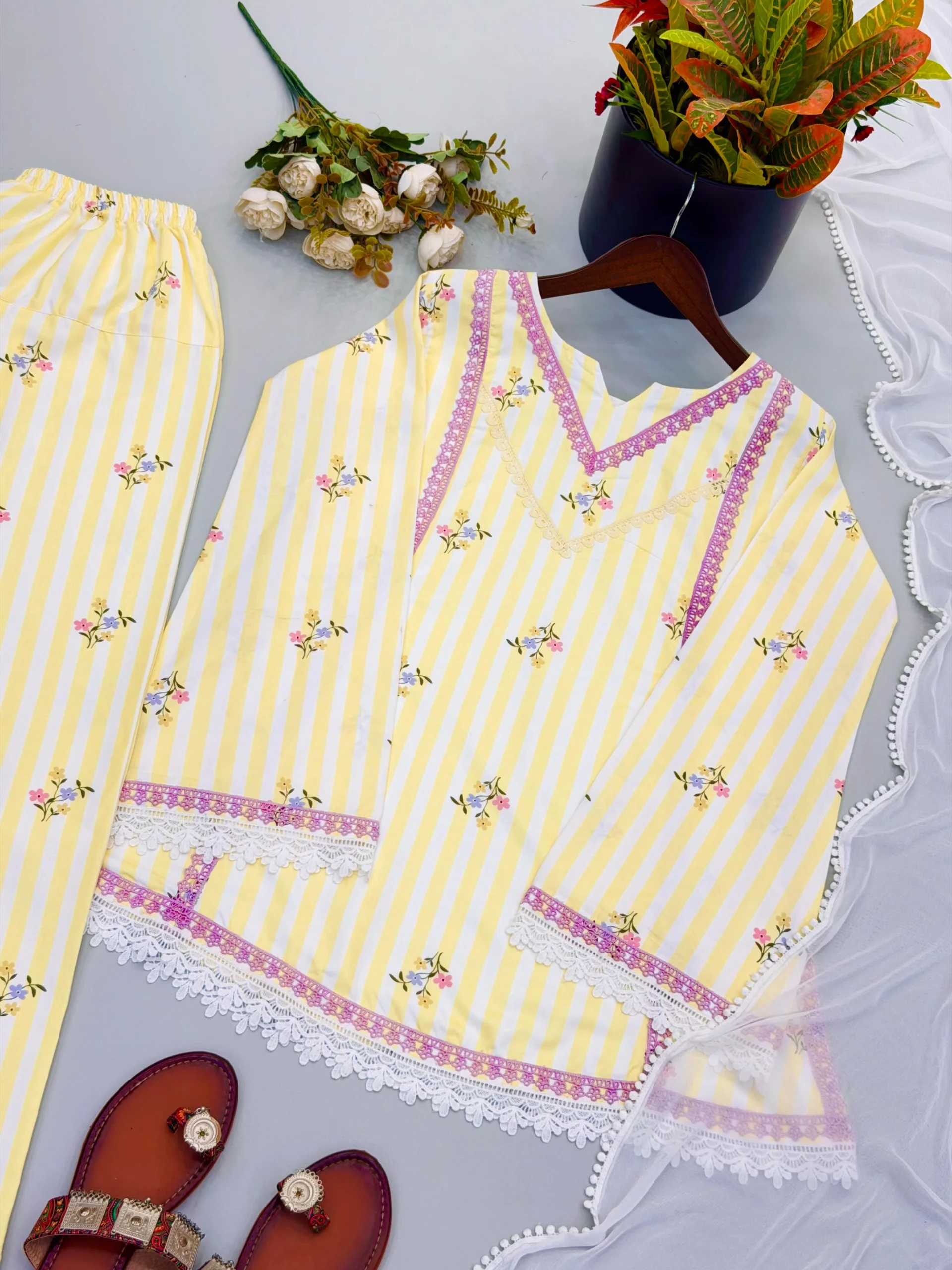Pastel Yellow Pure Natural Crepe Farshi Salwar Suit for Women with Floral Print and Nazmin Dupatta