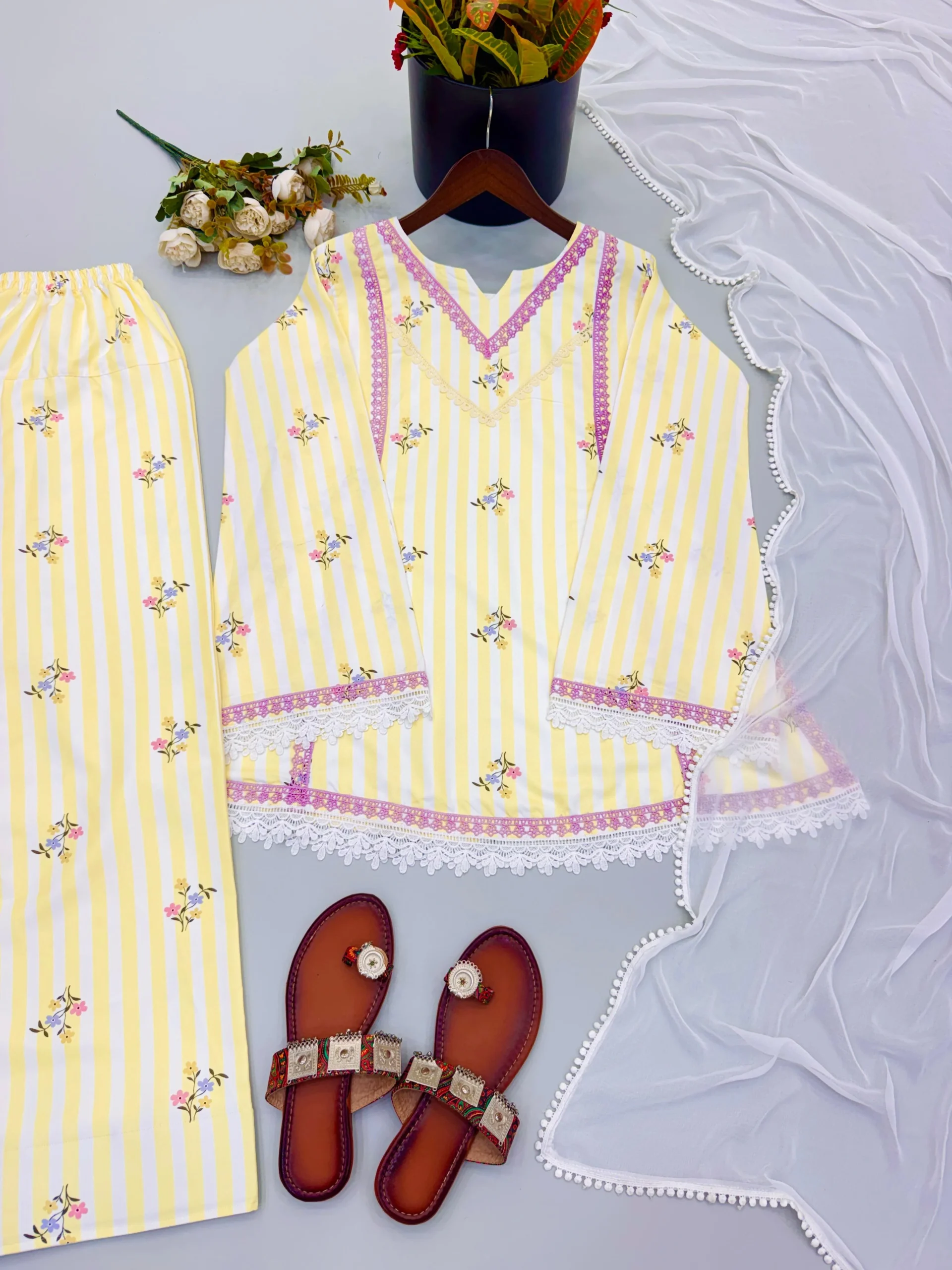 Pastel Yellow Pure Natural Crepe Farshi Salwar Suit for Women with Floral Print and Nazmin Dupatta