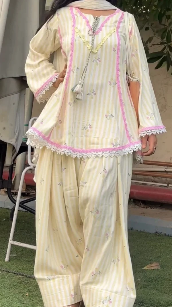 Pastel Yellow Pure Natural Crepe Farshi Salwar Suit for Women with Floral Print and Nazmin Dupatta