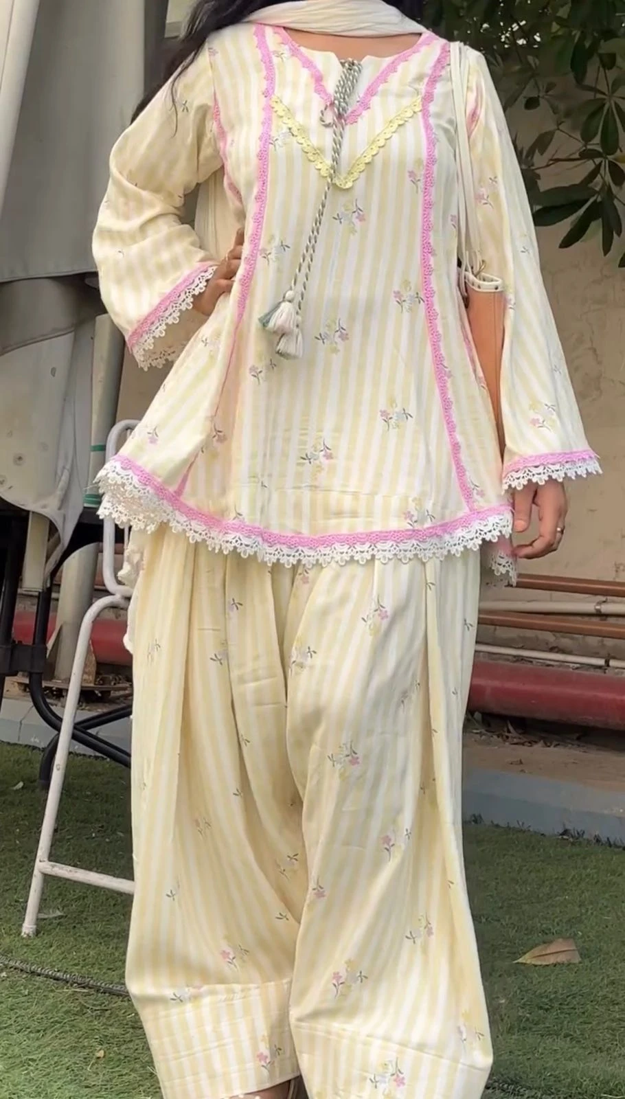 Pastel Yellow Pure Natural Crepe Farshi Salwar Suit for Women with Floral Print and Nazmin Dupatta