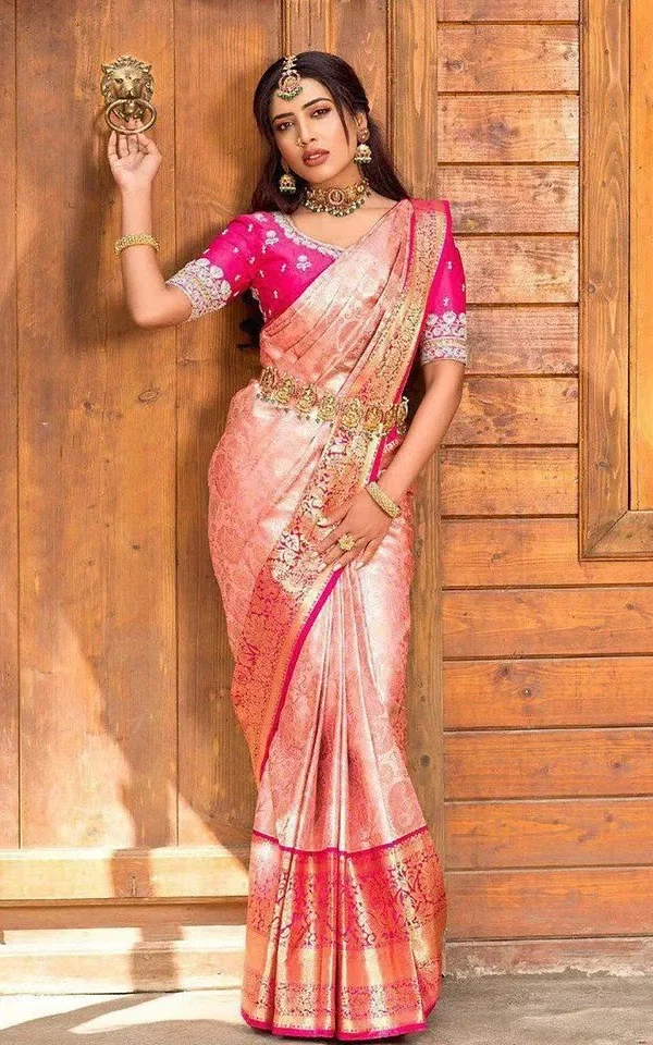 Pink Soft Lichi Silk Saree for Women with Rich Pallu and Jacquard Work
