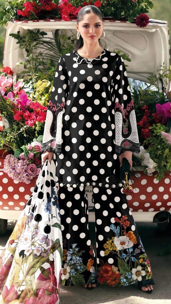 Black Polka Dot Dress Material Online with floral printed dupatta