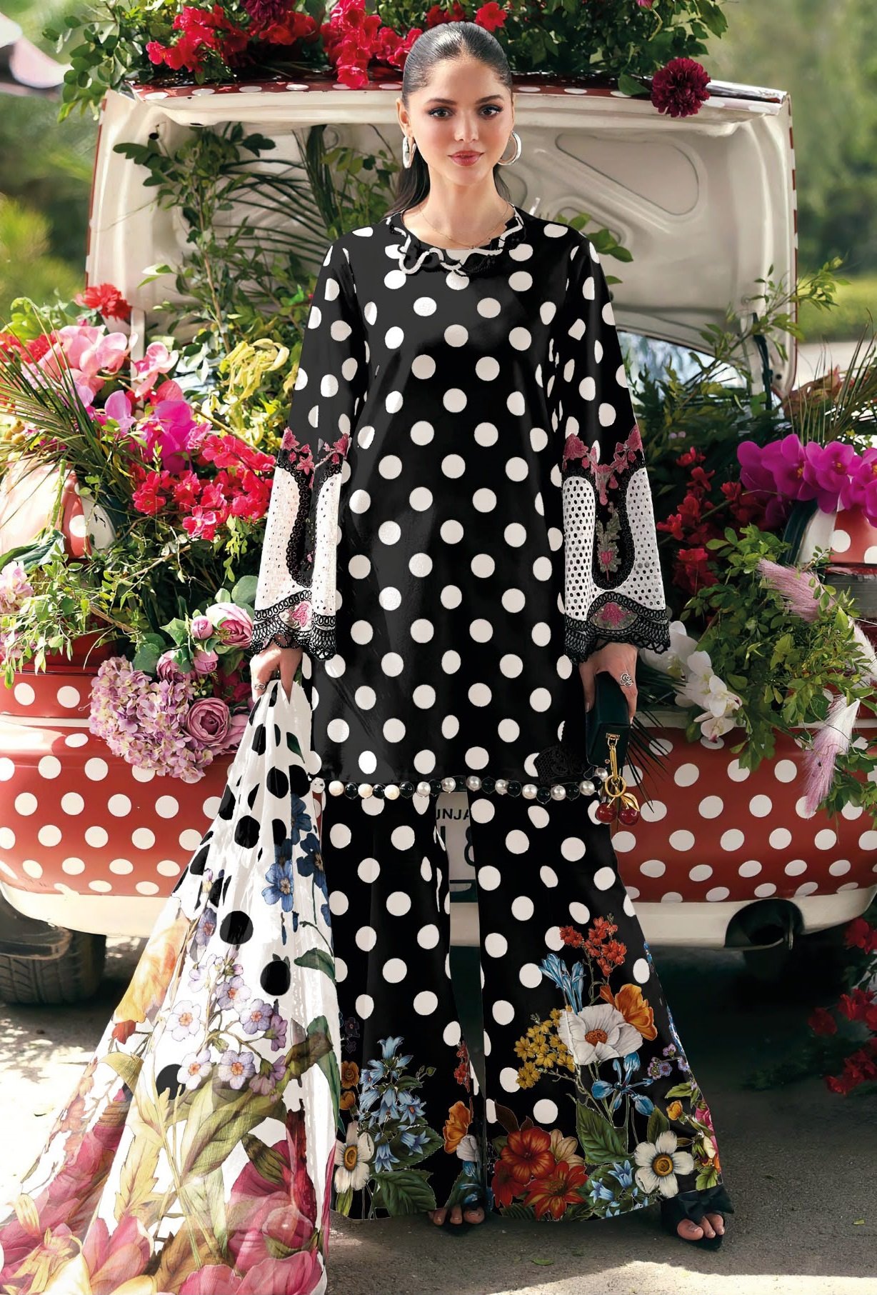 Black Polka Dot Dress Material Online with floral printed dupatta