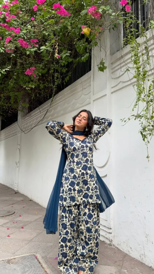 Blue floral Farshi Salwar Suit Cotton for women with cambric cotton top, Farshi pant and faux georgette dupatta