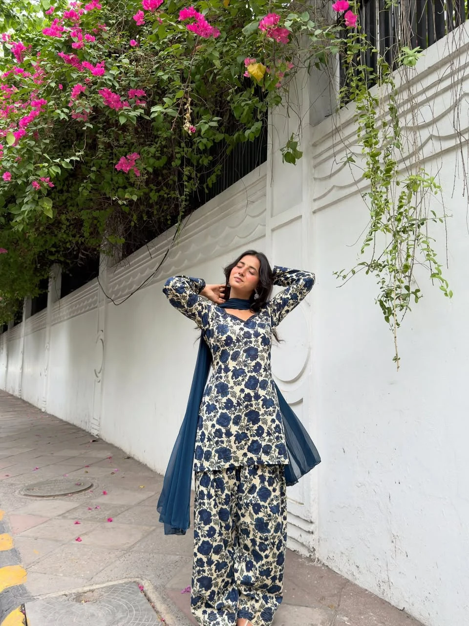 Blue floral Farshi Salwar Suit Cotton for women with cambric cotton top, Farshi pant and faux georgette dupatta