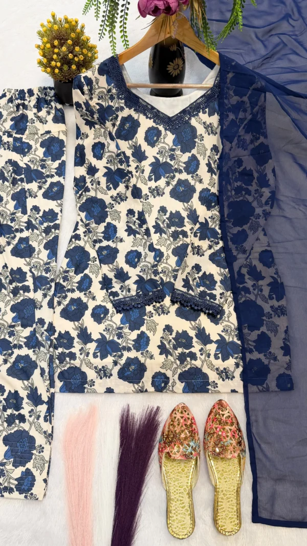 Blue floral Farshi Salwar Suit Cotton for women with cambric cotton top, Farshi pant and faux georgette dupatta