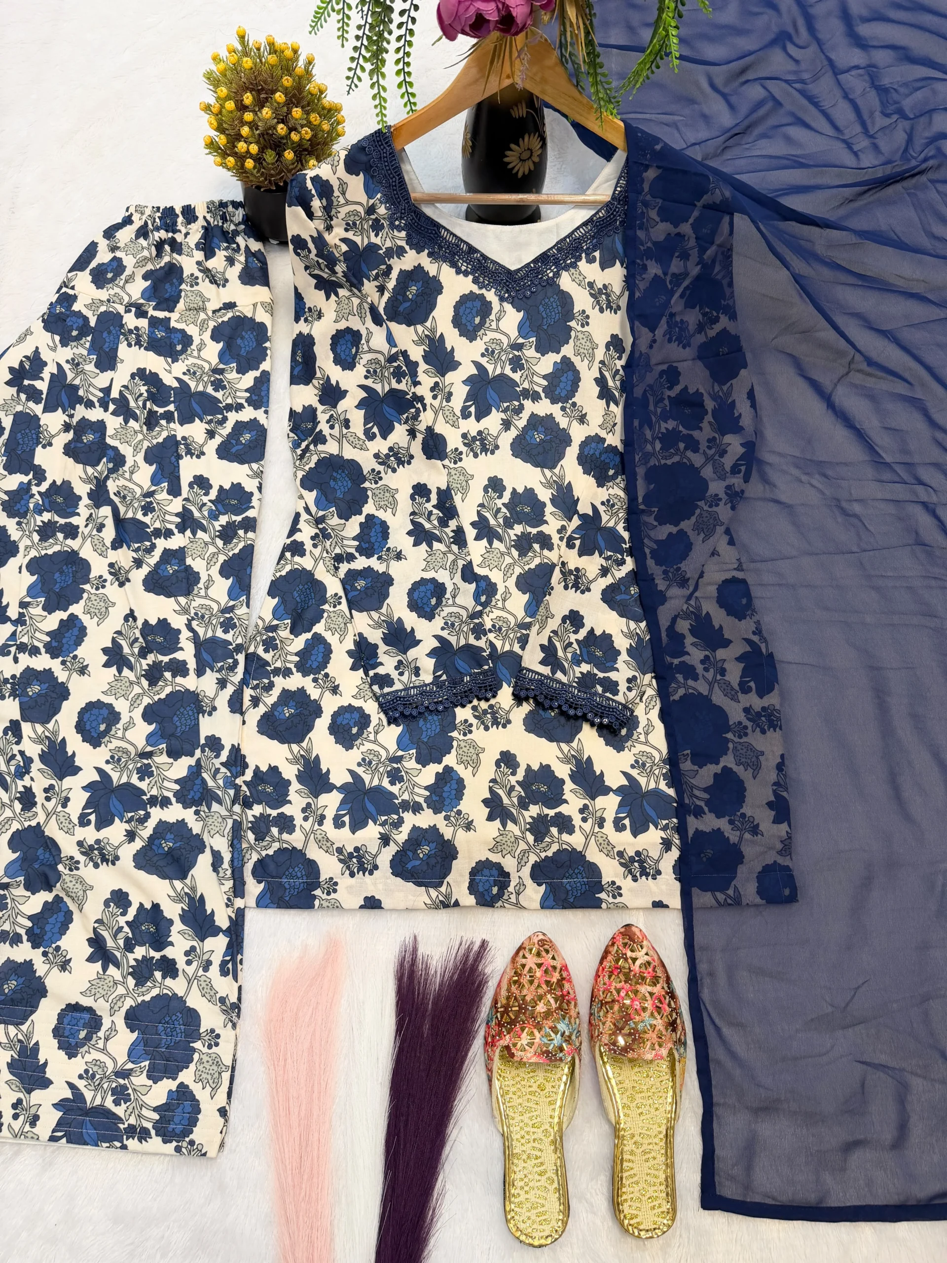 Blue floral Farshi Salwar Suit Cotton for women with cambric cotton top, Farshi pant and faux georgette dupatta