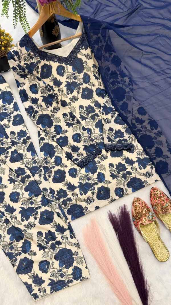 Blue floral Farshi Salwar Suit Cotton for women with cambric cotton top, Farshi pant and faux georgette dupatta