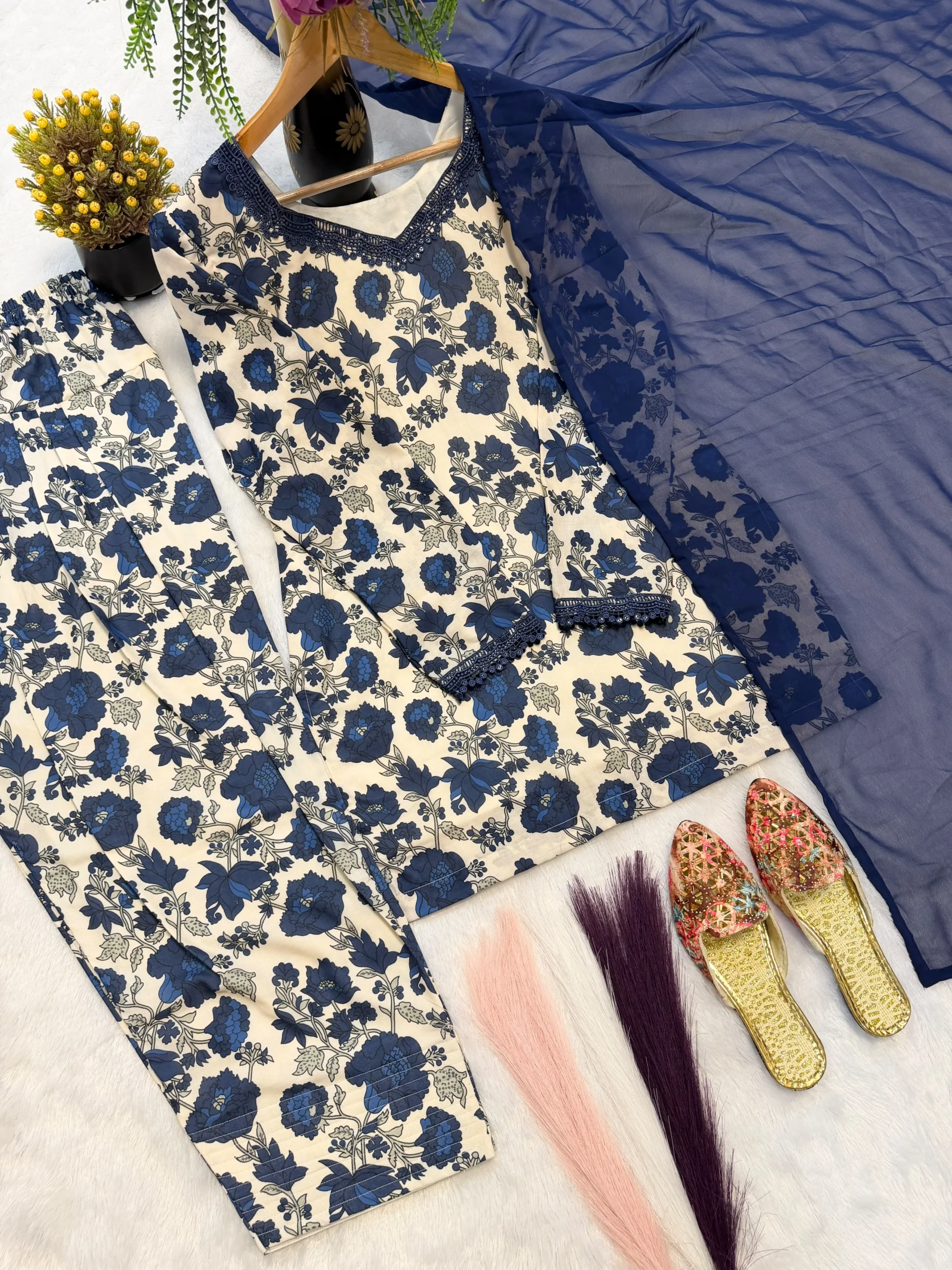 Blue floral Farshi Salwar Suit Cotton for women with cambric cotton top, Farshi pant and faux georgette dupatta
