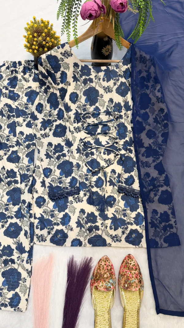 Blue floral Farshi Salwar Suit Cotton for women with cambric cotton top, Farshi pant and faux georgette dupatta