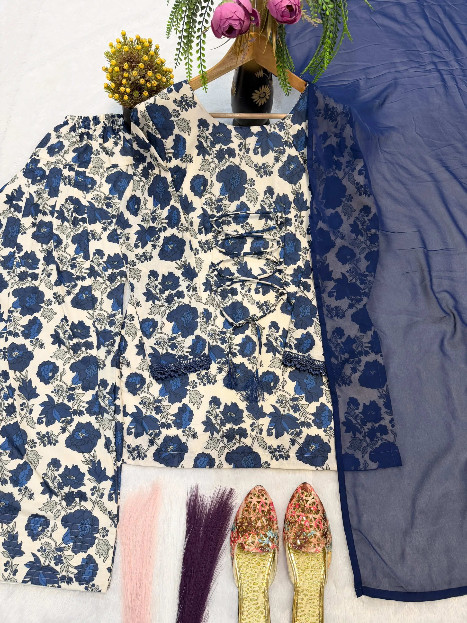 Blue floral Farshi Salwar Suit Cotton for women with cambric cotton top, Farshi pant and faux georgette dupatta