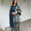 Blue floral Farshi Salwar Suit Cotton for women with cambric cotton top, Farshi pant and faux georgette dupatta