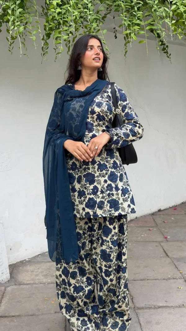 Blue floral Farshi Salwar Suit Cotton for women with cambric cotton top, Farshi pant and faux georgette dupatta