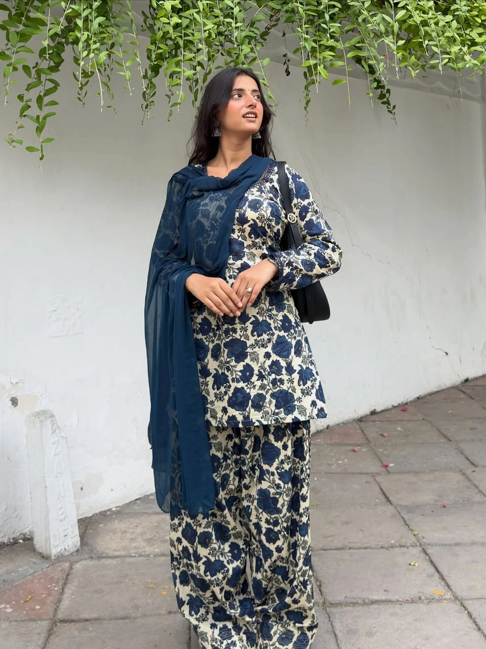 Blue floral Farshi Salwar Suit Cotton for women with cambric cotton top, Farshi pant and faux georgette dupatta