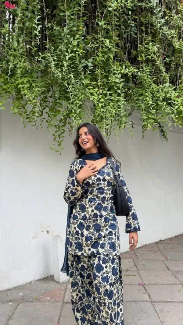 Blue floral Farshi Salwar Suit Cotton for women with cambric cotton top, Farshi pant and faux georgette dupatta