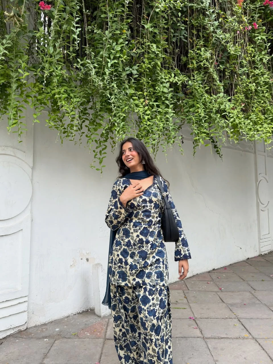 Blue floral Farshi Salwar Suit Cotton for women with cambric cotton top, Farshi pant and faux georgette dupatta