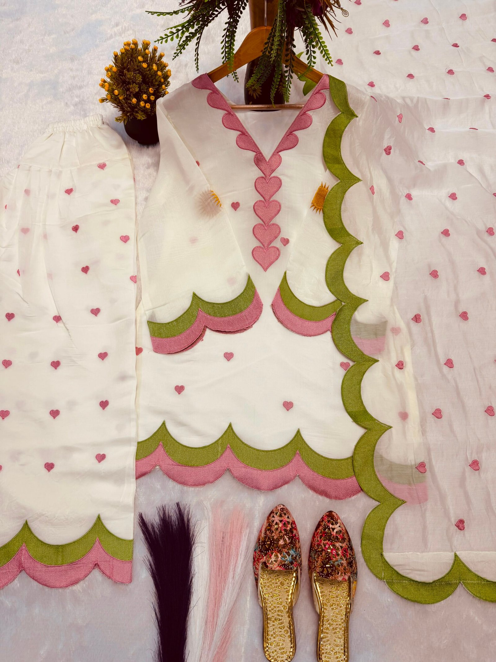 White and pink Farshi Salwar Suit Cotton for women with embroidered Chanderi cotton design