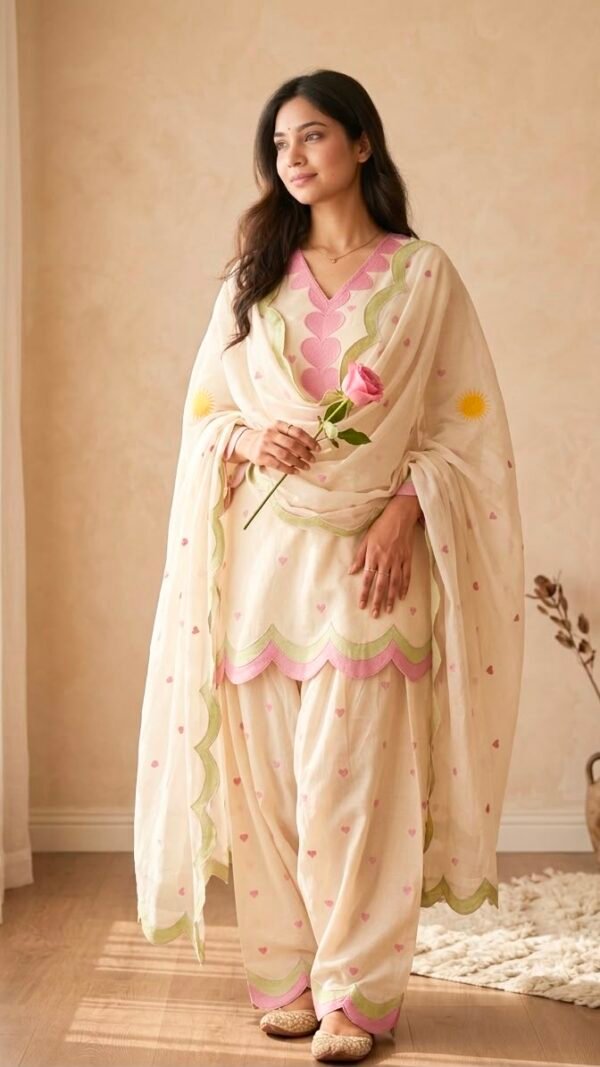 White and pink Farshi Salwar Suit Cotton for women with embroidered Chanderi cotton design