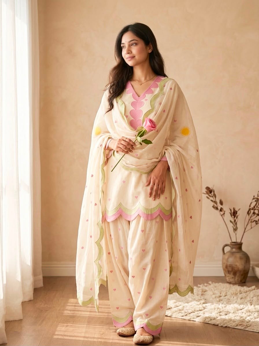 White and pink Farshi Salwar Suit Cotton for women with embroidered Chanderi cotton design
