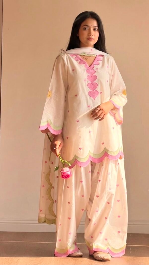 White and pink Farshi Salwar Suit Cotton for women with embroidered Chanderi cotton design