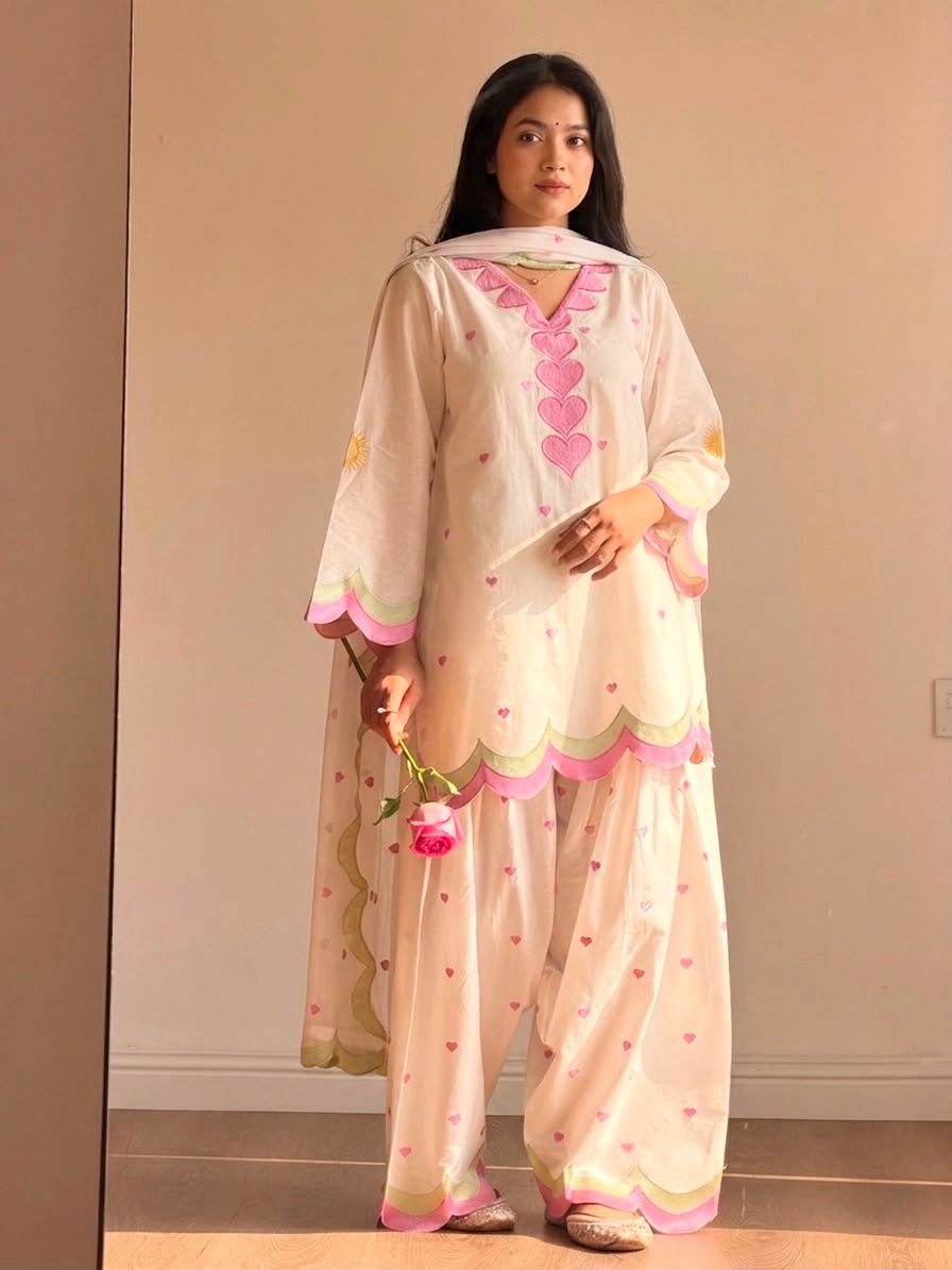 White and pink Farshi Salwar Suit Cotton for women with embroidered Chanderi cotton design