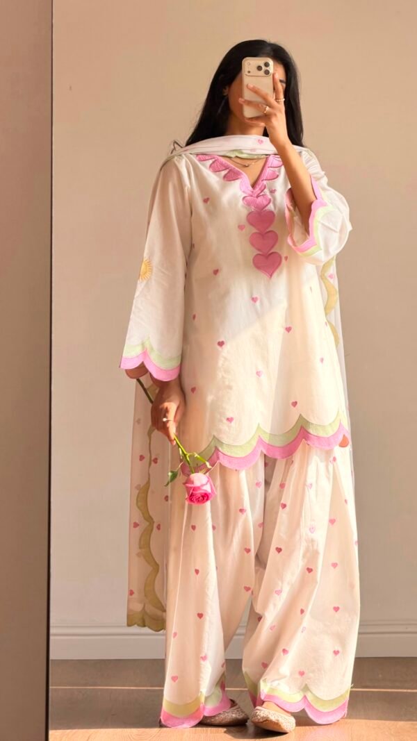 White and pink Farshi Salwar Suit Cotton for women with embroidered Chanderi cotton design